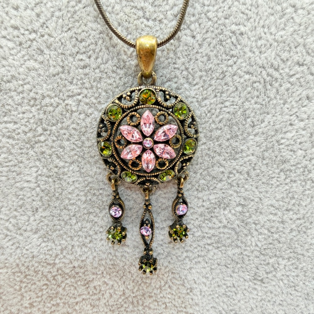 Vintage Style Bronze Tone Pink Rhinestone Floral Pendant Necklace Boho Dangle